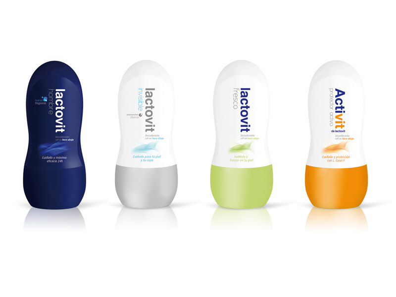 New packaging for the Lactovit body milk and roll on. Inspiration for this design came from the pure lines of nature. Each one is injected with different colours depending of the label.